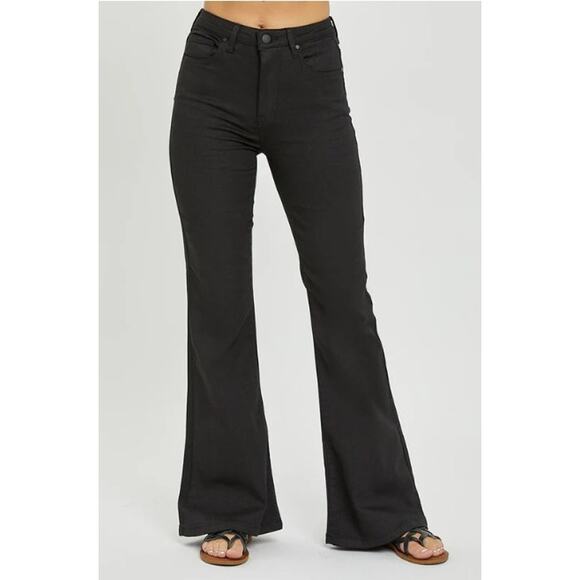 Risen High Waist Black Flare Jeans Size 1/25 Modern Retro Style Denim - Picture 1 of 9